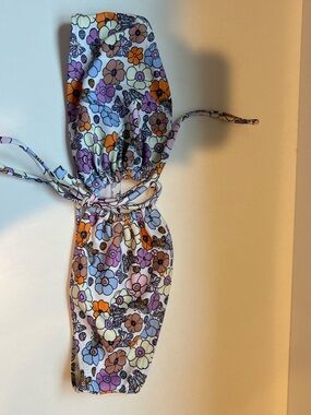 SHEIN White Floral Bandeau Bikini Top with Purple and Orange Accents
